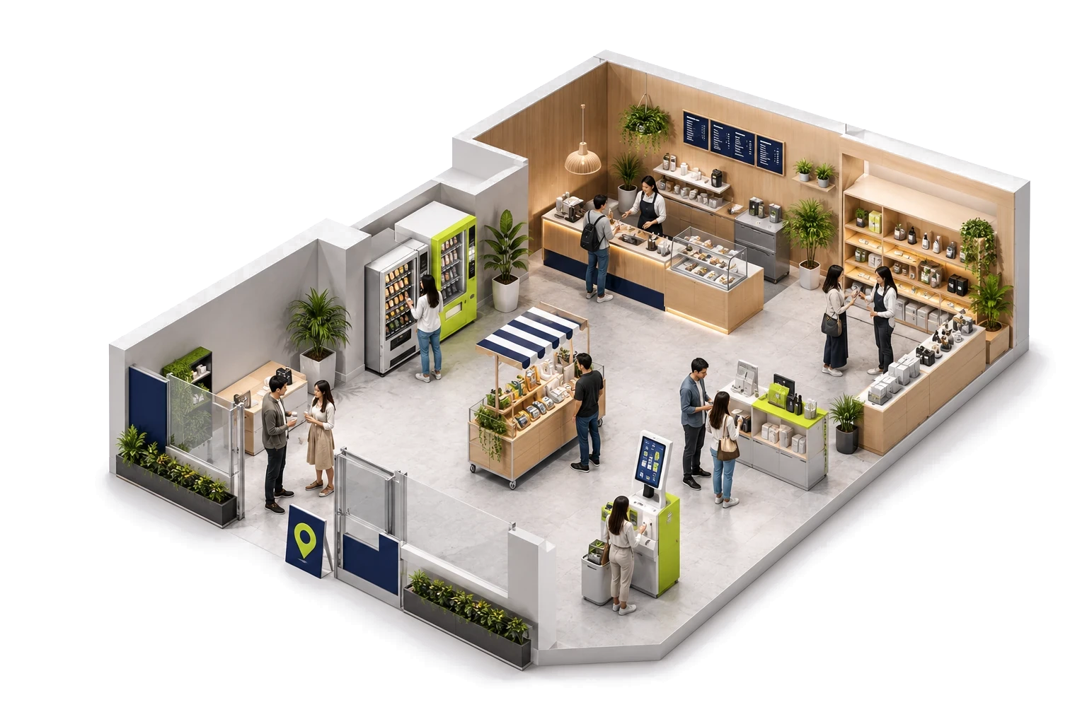 An isometric view of a small shop floor with vending machines, a pop-up retail cart, a self-service kiosk and a counter, and shelves for retail displays